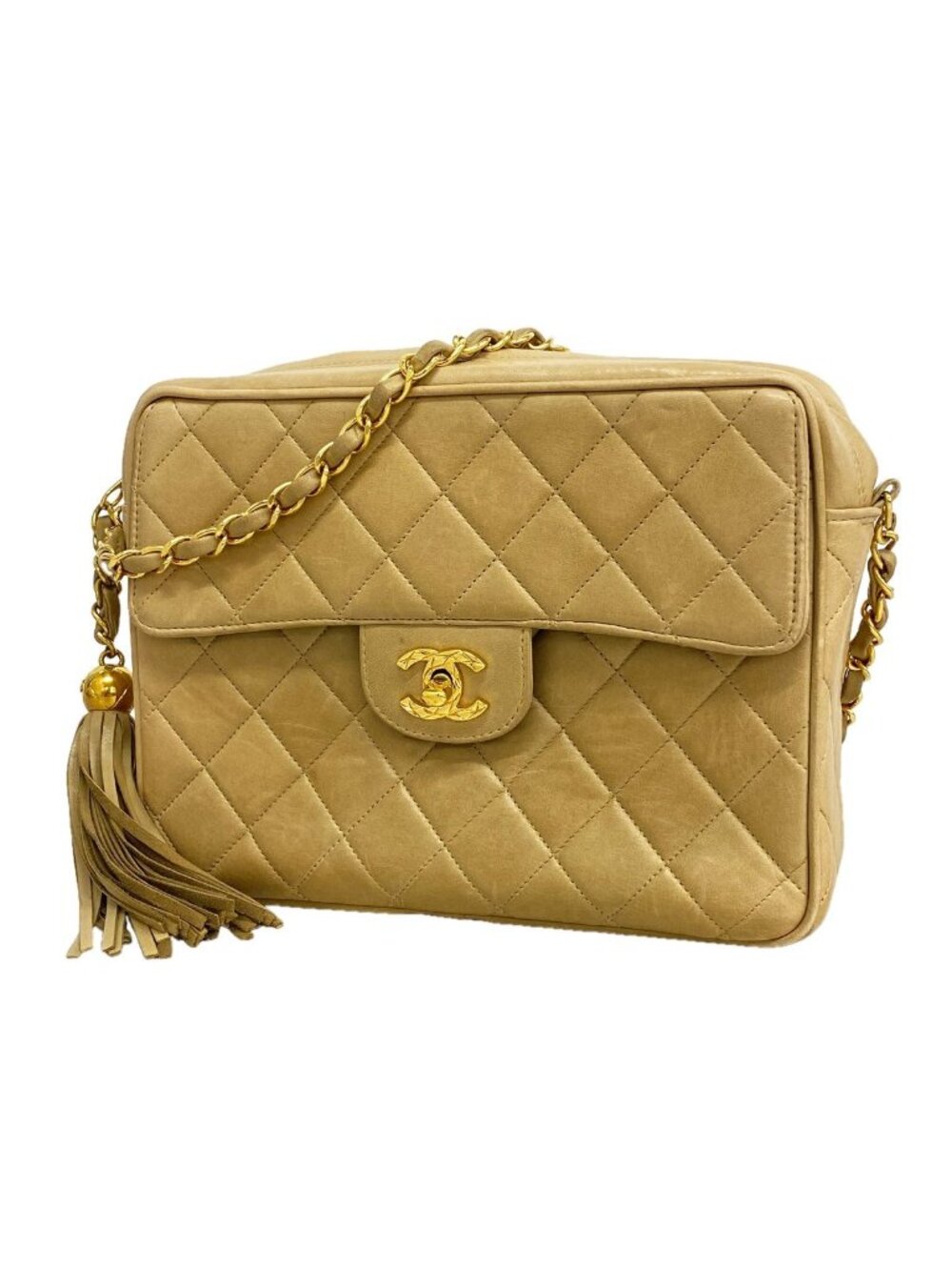 Chanel Shoulder Bag Quilted Lambskin Beige Gold